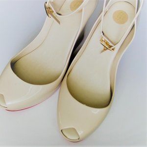 Melissa Cream & Red Bottom Peek-A-Boo Ankle Buckle Shoes Size 8